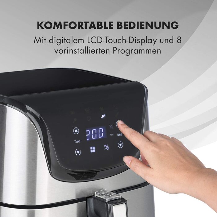 Klarstein Aero Vital deluxe - Hot Air Fryer, Deep Fryer, 1700 Watts, 5.4 Liter Volume, LCD Touch Display, 8 Pre-installed Programs, Stainless Steel, Thermostat, Timer, Energy-Saving, Silver Stainless Steel Hot Air Fryer