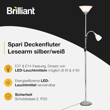 Стеля-прожектор Brilliant Spari з лампою для читання, чорний/білий – LED підлогова лампа – 1,8 м – сумісна з LED-лампочками (патрони E27 та E14) – регульована ручка для читання – без LED-ламп