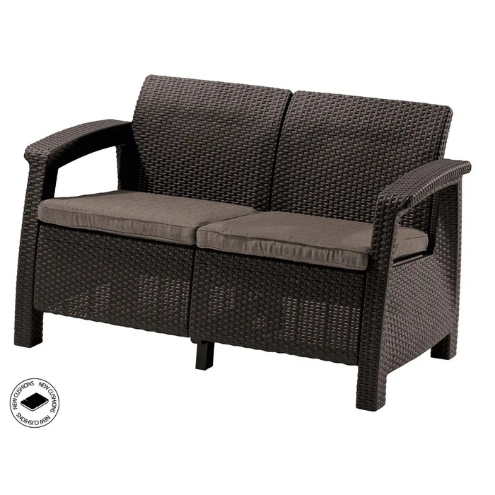 Садовий двомісний диван Keter Corfu Love Seat, коричневий, зі спинкою, пластик