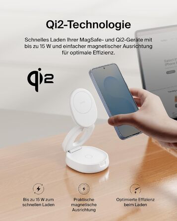Бездротова зарядна станція 2-в-1 Belkin BoostCharge Qi2 15W MagSafe для iPhone 17, AirPods, Pixel, біла (з адаптером 30 Вт)