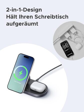Зарядний пристрій бездротовий UGREEN 2-в-1 MagSafe 15W Qi2 для iPhone 17/16/15/14/13/12 та AirPods, кабель 1м (Чорний)