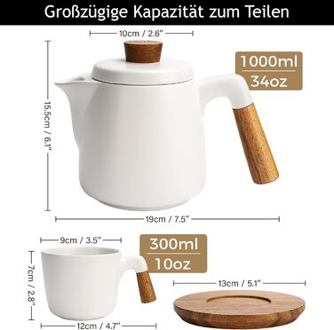 Набір для чаю Miamio: керамічний чайник 1 л з ситечком та 4 чашки (300 мл), бамбукові підставки