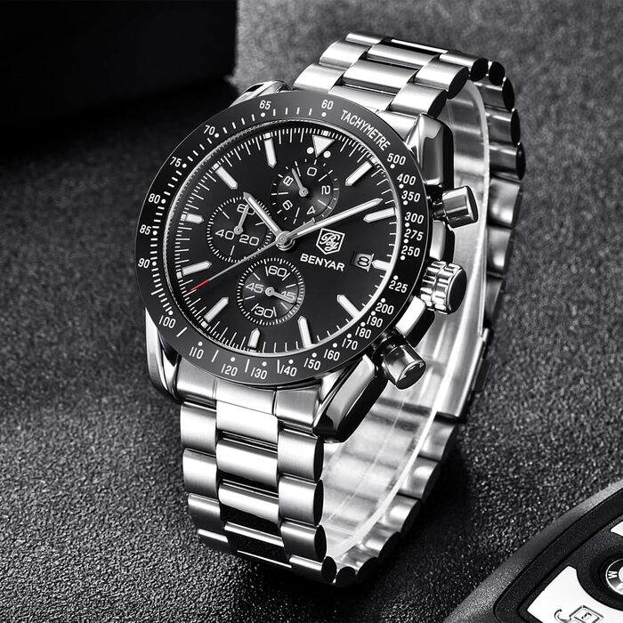 Чоловічий годинник BENYAR з хронографом, кварцовий, водостійкий 30M, з датою, для активного відпочинку, спортивний, шкіряний (чорний)