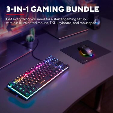 Trust GXT 1794 Комплект для геймінгу: клавіатура QWERTZ DE, миша та килимок, LED підсвітка, бездротова миша (80 годин), компактна TKL USB клавіатура, чорний