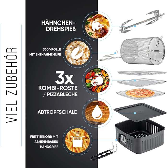 Balter Hot Air Fryer HL-1200, Fryer, 12 Liter, Mini Oven, Dehydrator Function, LCD Display, 10 Programs, incl. Recipe Booklet and Accessories
