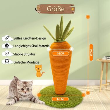 AUSCAT Scratching Post Carrot, 42cm Cute Carrot Scratching Post for Cats, Natural Sisal Scratching Tree Indoor for Kittens