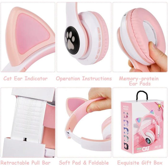 Дитячі навушники AXFEE з Bluetooth, Over-Ear, котячі вушка, LED-підсвітка, мікрофон, Micro SD/TF, рожеві