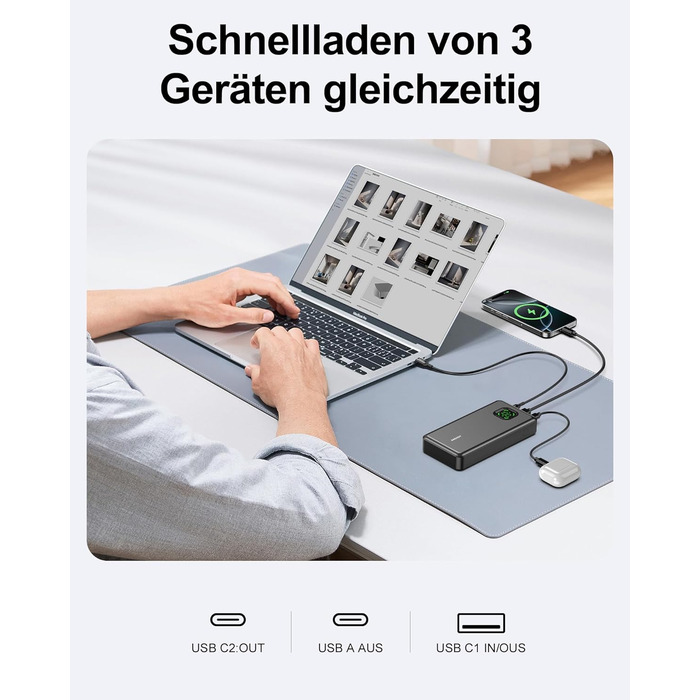 Power Bank 65W 25000mAh Klein Aber Stark для ноутбука та iPhone/iPad: портативний акумулятор з LED дисплеєм, USB-C, сірий