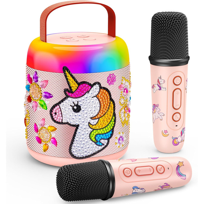 Караоке машина для дітей з 2 мікрофонами, рожева, єдиноріг, 3-12 років