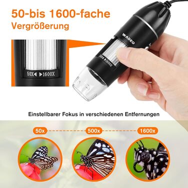 Цифровий мікроскоп WADEO 1440P HD з 50x-1600x збільшенням, USB, 8 LED, для iOS/Android, з підставкою