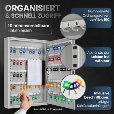 Сейф-скриня для ключів SD100 на 100 гачків, сталевий навісний ключник із замком та магнітною панеллю, настінний (55x38x8 см)