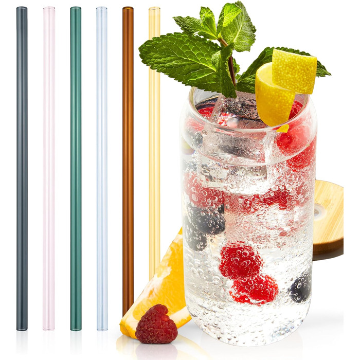 Singer | 6-Piece Glass Straws, Drinking Straws for Glasses, Reusable Straws for Cocktails, Juice & Water, Dishwasher-Safe Glass Straw, Colorful Glass Drinking Straw | 20 cm long