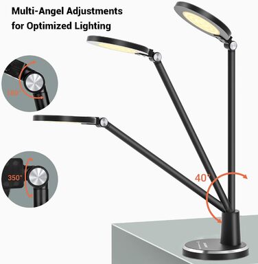 JUKSTG LED Desk Lamp - 12W Adjustable Office Table Lamp with Touch Control, Dimming, 10 Brightness Levels, 5 Color Modes, Eye Protection for Reading, Work, Kids - White/Black