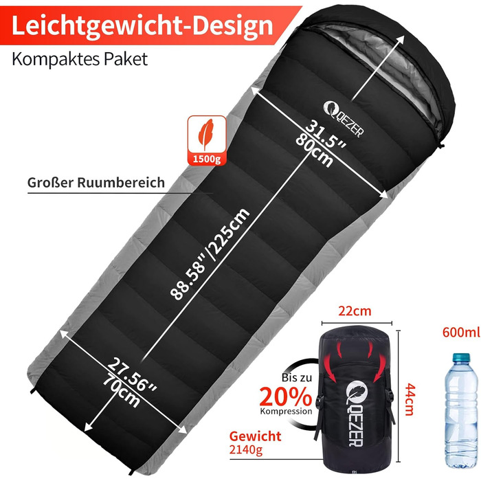 Спальний мішок пуховий зимовий, 600FP+ преміум пух, 12°C до -24°C, легкий та теплий для 3-4 сезонів, кемпінг, походи та трекінг, чорний