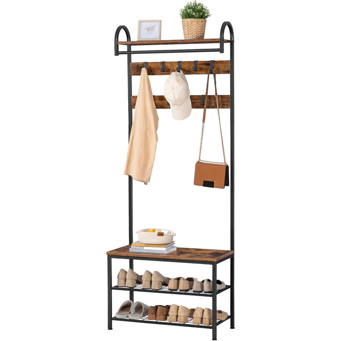 HOOBRO Coat Rack, Wardrobe Rack, Shoe Shelf with Seating, Clothes Rack with 9 Hooks, Bench, Clothes Rail, 182 cm High, Entrance Hall, Living Room, Metal Frame, Vintage Brown-Black EBF13MT01