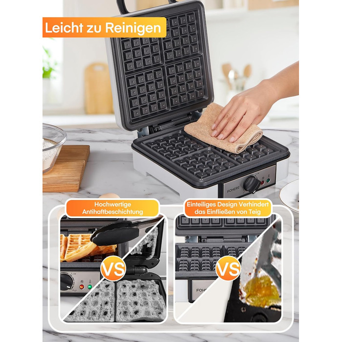 Електричний вафельниця FOHERE 4 вафлі, XXL, антипригарне покриття, Paninigrill, вафельниця для тостів, 1200 Вт