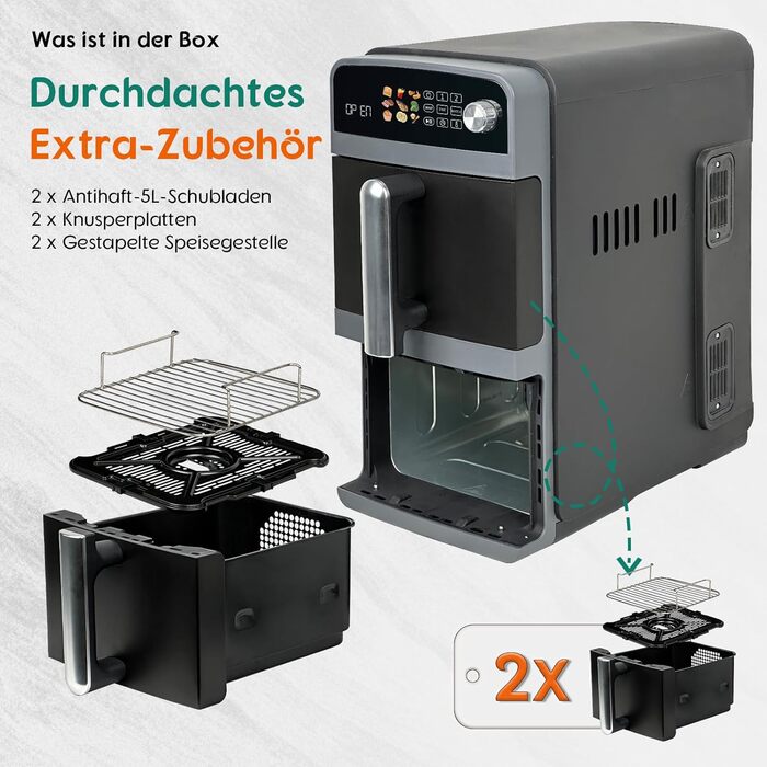 Фритюрниця повітряна подвійна 10L з 2 відсіками | 2400W, 9 програм, таймер, економія енергії, миється в посудомийній машині, сірий колір