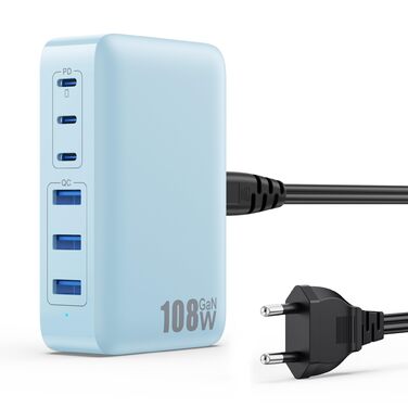 Зарядний пристрій USB-C 108W GaN III, 6 портів: 3x PD + 3x QC для iPhone 16/15, iPad, AirPods, Samsung, Switch (Синій)