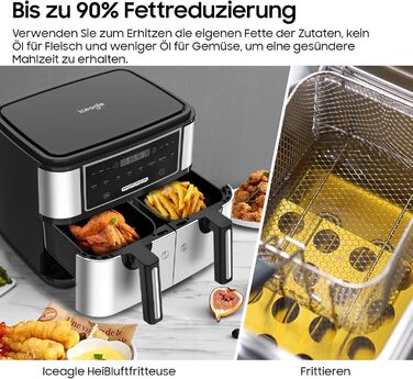 Iceagle Dual Zone Air Fryer Double Chamber 9L - XXL Air Fryer with 8 Programs | Airfryer with 2 Baskets, Oil-Free Fryer, Preheating & Keep Warm, 2600W