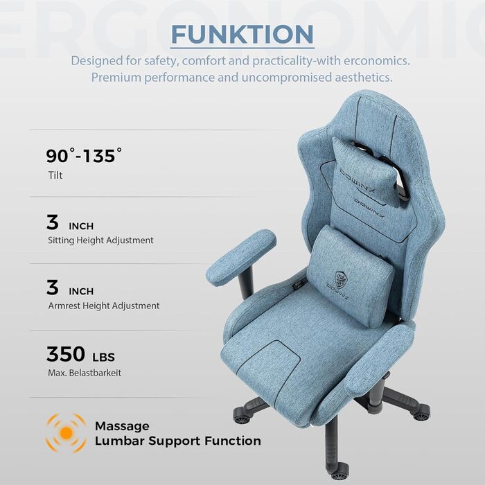 Ігровий крісло Dowinx з тканини, ергономічний геймерський крісло з м'якими підлокітниками, стабільний ігровий та офісний крісло для тривалого сидіння, блакитний