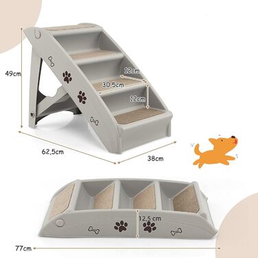 Сходинки для домашніх тварин GYMAX з 4 сходинками, складані, з пластику, з неслизькими підкладками, 4 килимками та трикутною структурою, для котів та собак (сірий)