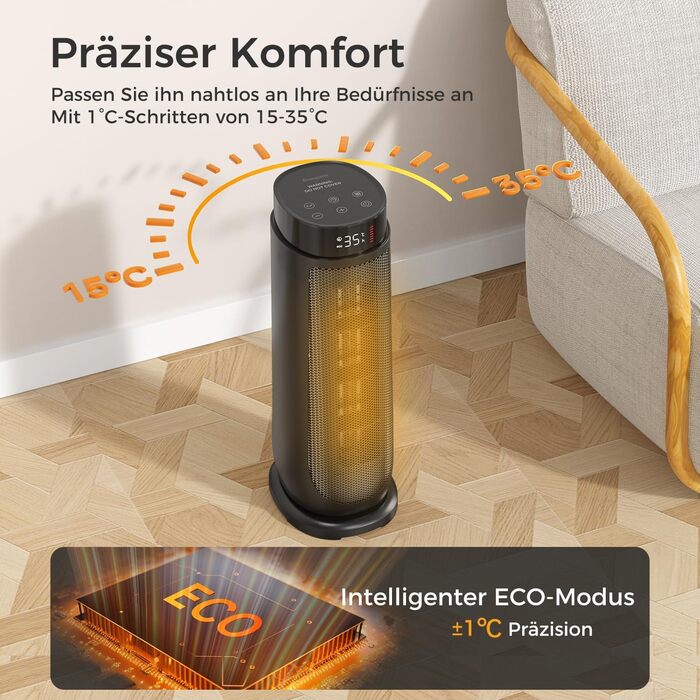 Електричний обігрівач Aroeve: 2000W, PTC кераміка, енергозбереження, 4 режими, таймер 24h, пульт, захист від перегріву та перекидання