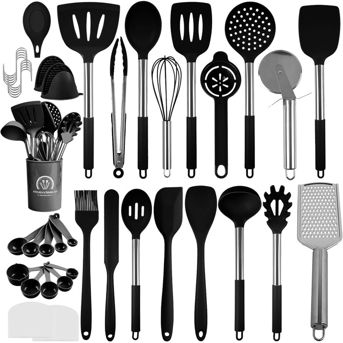 Набір кухонного приладдя 45 предметів з нержавіючої сталі: лопатки, ложки, скребки. Ідеальний подарунок для кухні.