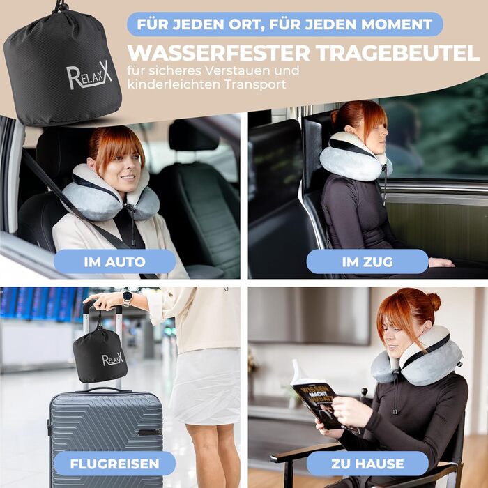 Преміальна подушка для шиї RELAXX Memory Foam L для подорожей – ортопедична подушка для літака, авто, поїзда, автобуса, ергономічне шийне ортопедичне подорожнє подушка для дорослих