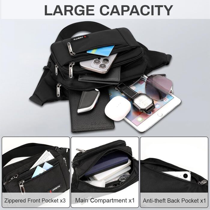 Поясна сумка на пояс для чоловіків та жінок, сумка на ремінь з блискавкою, універсальна сумка на стегно з 5 відділеннями, спортивна сумка на стегно для активного відпочинку, туризму, кемпінгу та їзди на велосипеді, чорна