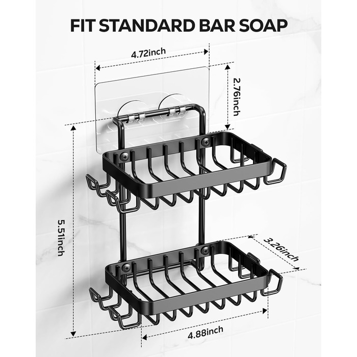 Підставка для мила на 2 рівні від Nieifi з водовідведенням, нержавіюча сталь, без свердління для душової кабіни, чорна