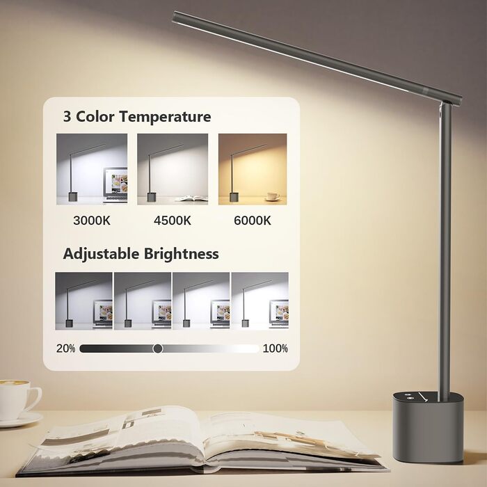 LED лампа настільна Hapfish з регулюванням яскравості, акумуляторна, з сенсорним керуванням, 5000mAh, для офісу, вулиці, приліжкові лампи (сіра)