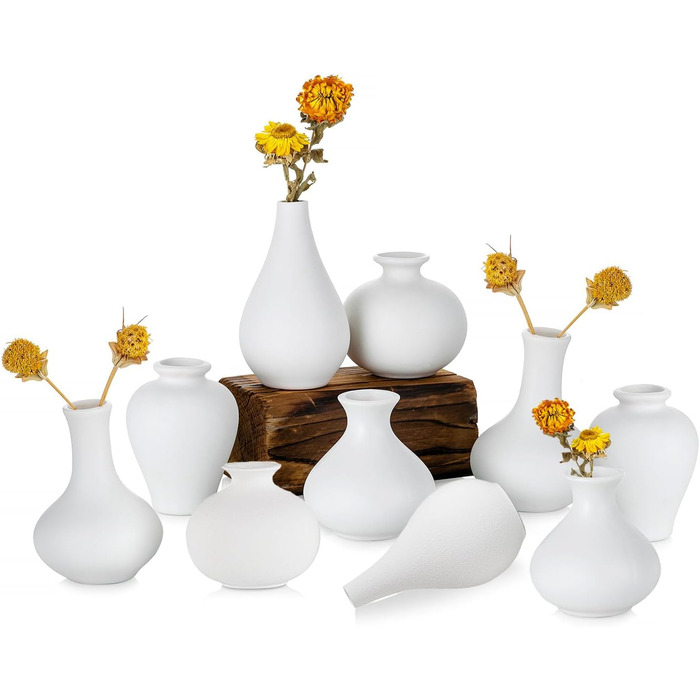 Set of 10 Small White Ceramic Vases - Mini Handmade Ceramic Flower Vases for Pampas Grass, Modern Home Decor for Living Room, Kitchen, Office & Table