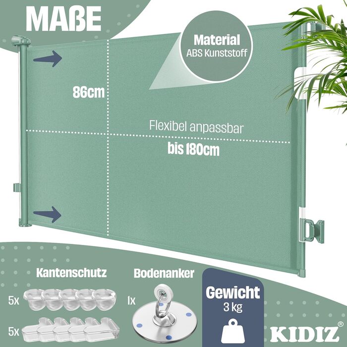 Захист для сходів KIDIZ® - розтяжний захист для дітей та домашніх тварин | Сітка-захист для сходів та дверей | З кріпленням до підлоги та аксесуарами для монтажу (0-180 см, Зелений)