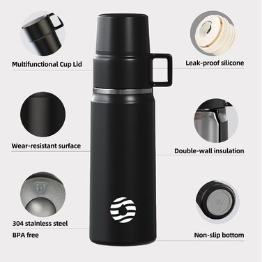 Термос-термокружка 850 мл з чашкою, нержавіюча сталь, ізольована пляшка, для кави, чаю, напоїв, 12h тепла/24h холоду, без BPA, для кемпінгу, відпочинку на природі (зелений)