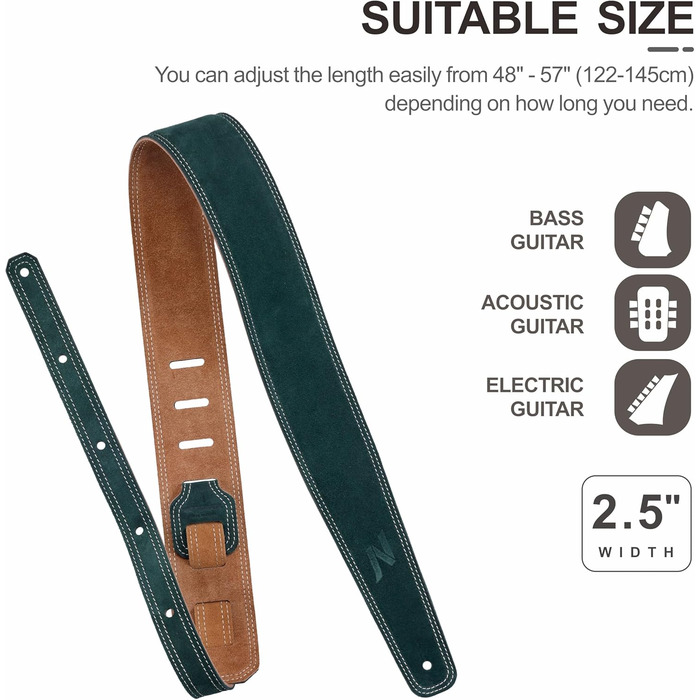 Гітарний ремінь Nefelibata з повного зерна шкіри, 2,5 см, з підкладкою з піни та петлею для кабелю, для акустичної, бас та електрогітари (темно-зелений)