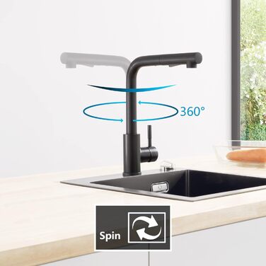 Кран кухонний CECIPA X203B чорний матовий, висувний, з донцем, 360° поворот, нержавіюча сталь