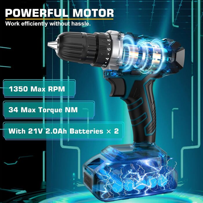 Набір інструментів Sundpey 255 шт. з акумуляторною дриль-шуруповертом 21V, акумуляторний набір з 2 * 2000mAh акумуляторами, ящиковий інструмент з шухлядою для ремонту дому та автомобіля, блакитний
