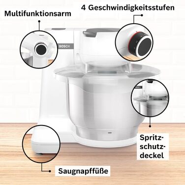 Bosch Kitchen Machine Series 2 MUMS2EW00, 3.8 L Stainless Steel Bowl, Planetary Mixing System, Dough Hook, Beaters and Whisk (Stainless Steel), 4 Speed Settings, Expandable with Optional Accessories, 700W, White