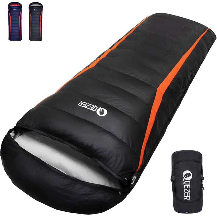 QEZER Ultralight Down Sleeping Bag - 8°C to -3°C for Camping, Hiking, and Trekking - 3 Season Sleeping Bag