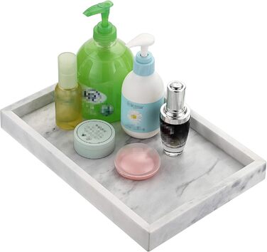 BSTKEY 30x20cm Natural Marble Stone Storage Tray, Decorative Rectangular Plate Tray Organizer for Kitchen Bathroom Dresser Decor Vanity Counter Coffee Table, Grey