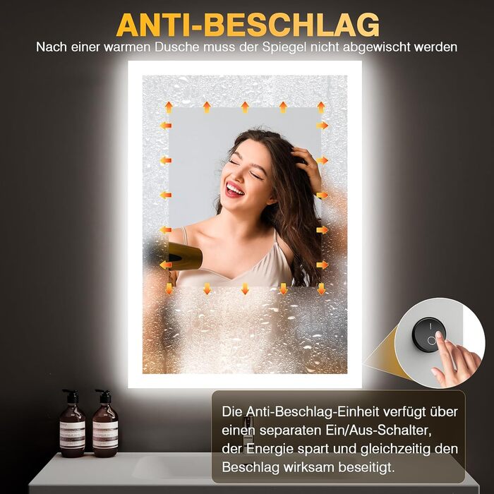 Дзеркало для ванної кімнати з підсвічуванням 50x70 см, LED, антизапар, 2 кольори світла (3000K/6500K), прямокутне, без рами