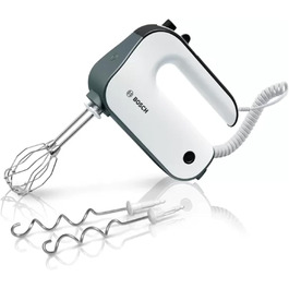 Міксер Bosch Styline MFQ49300, 850 Вт, 5 швидкостей, 2 вінчики та гачки з нержавіючої сталі, спіральний кабель, білий/темно-сріблястий