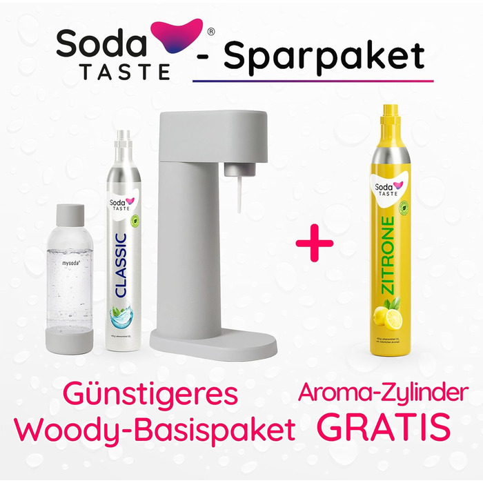 Набір Mysoda Woody: Газований напій вдома - Спрей для води з екологічного дерева, 1л BPA-free пляшка, циліндри CO2 Classic та Lemon (сірий)
