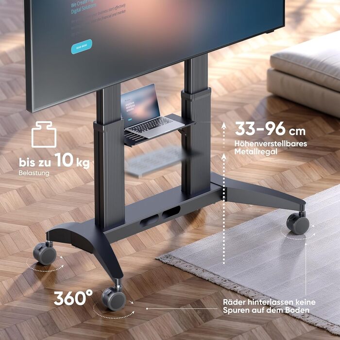 ONKRON Mobile TV Stand for 32-75 inch TVs - Adjustable Height, VESA 600x400, Rolling TV Cart - Black TS1571-B (TS2821)