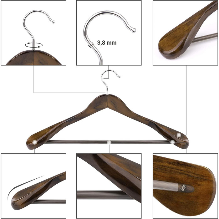 Набір вішалок для одягу SONGMICS, 6 шт., з масиву дерева, широкі плечі, антиковзні, для сорочок, пальто, курток, штанів, костюмів, поворотний гачок 360°, колір темний горіх CRSH06V