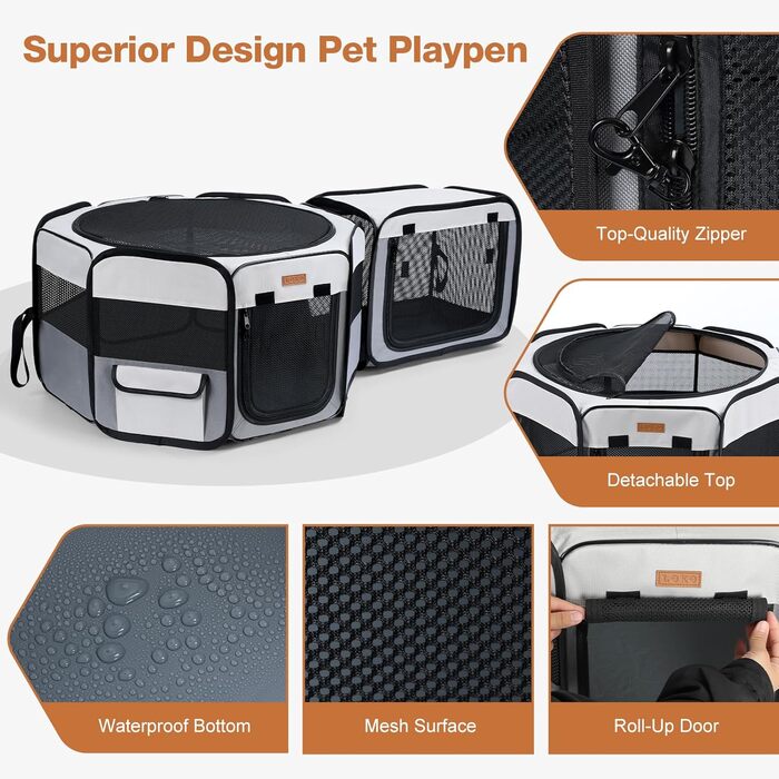 Складаний вольєр для цуценят та котів 120x40 см - 2-в-1, сірий та білий, для дому та вулиці, з сумкою для перенесення, для кошенят, цуценят та дрібних тварин