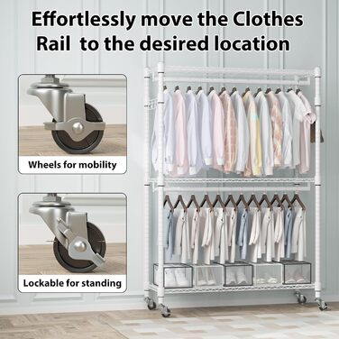 Double Clothes Rack/Garment Rod with Adjustable Shelves, Heavy-Duty Clothes Rack with 2 Hooks, Clothes Rack with Wheels, 90 * 42 * 205cm, White