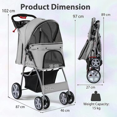 Візок для собак та котів SOARS, до 15 кг, складний, сірий