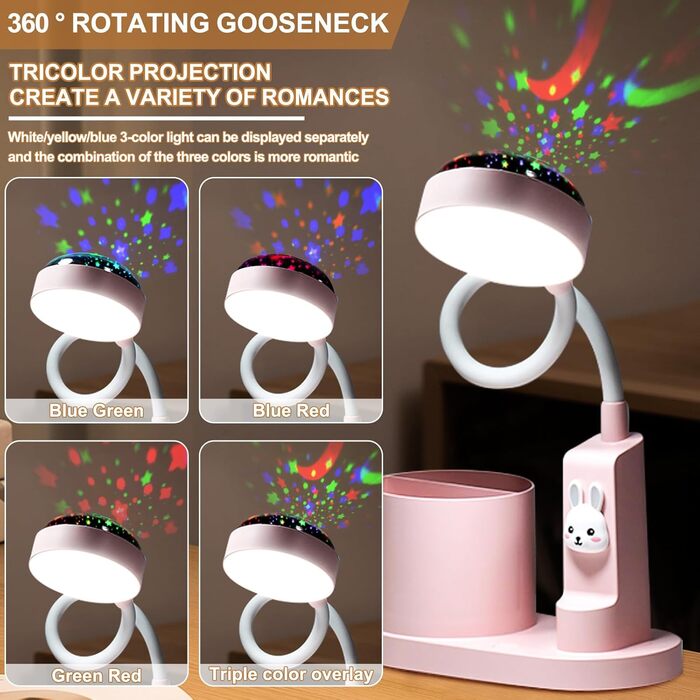 Дитяча LED лампа на стіл Kinder з тримачем для олівців, регульована, з проекцією зірок, 360° повертання, для дитячої кімнати (рожева)