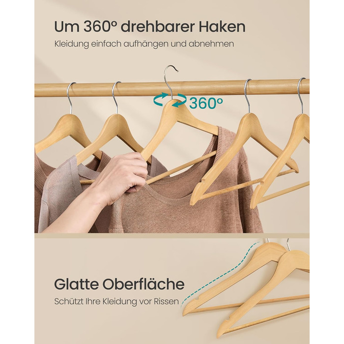 Плечики для одягу SONGMICS з дерева, набір 20 шт., дерев'яні тонкі плечики, для сорочок, жакеток та штанів, з вирізами для плечей, 360° обертовий гачок, береза, білий, CRW0W02
